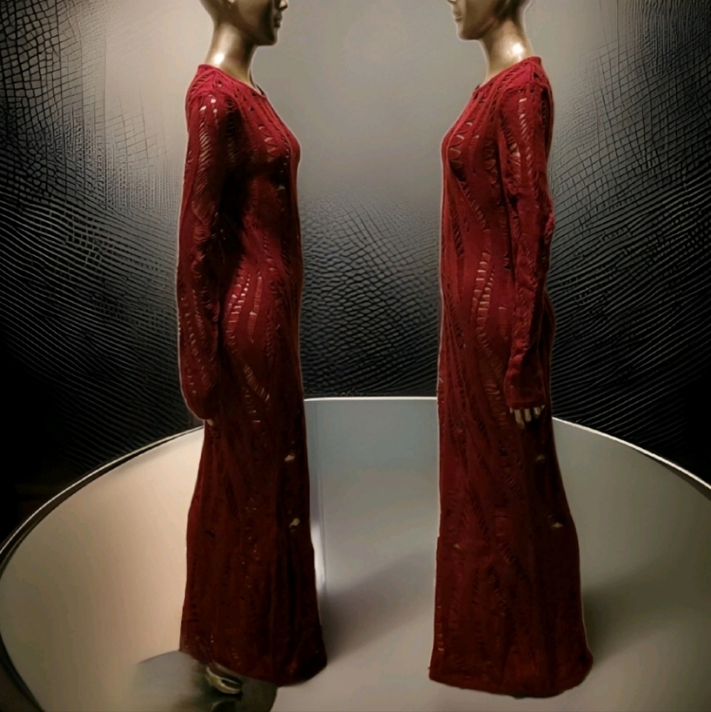 NWT Burgandy Distressed Long Sleeve Knit Maxi Sweater Dress Sz M - Picture 5 of 15